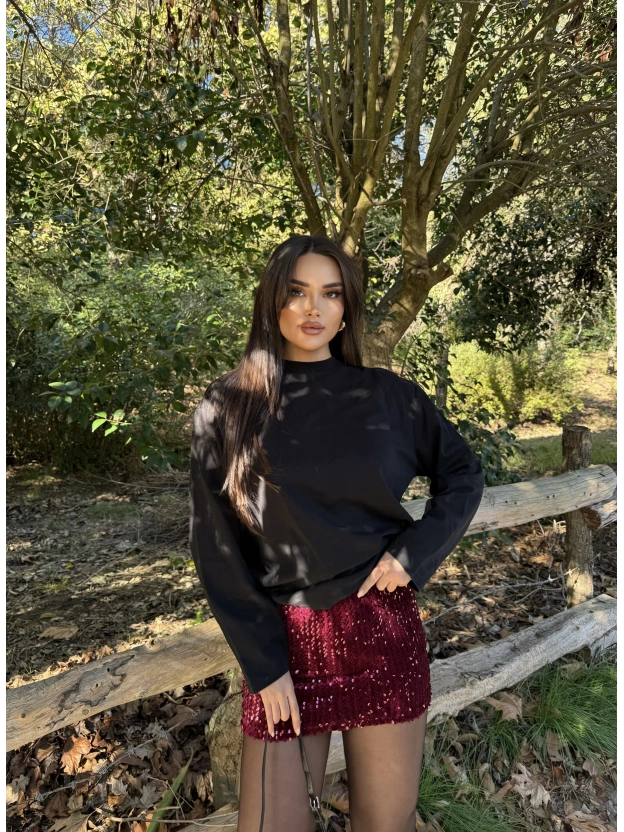 Bordo Payetli Şort Etek