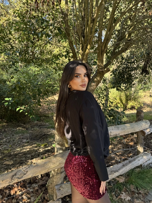 Bordo Payetli Şort Etek