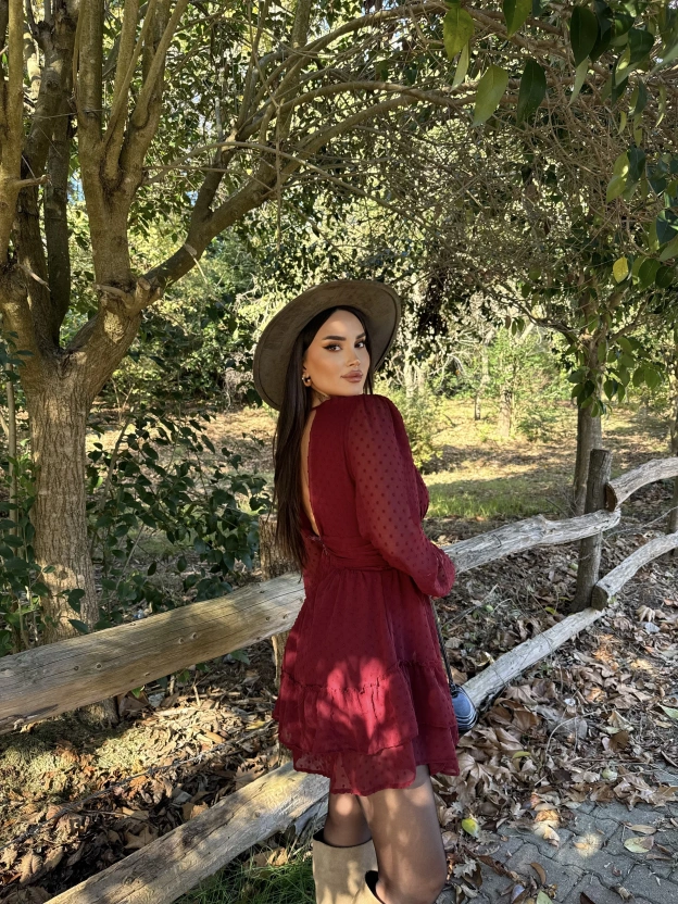 Bordo V Yaka Güpürlü Elbise