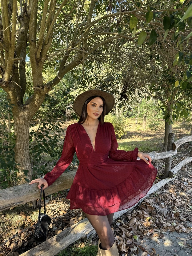 Bordo V Yaka Güpürlü Elbise