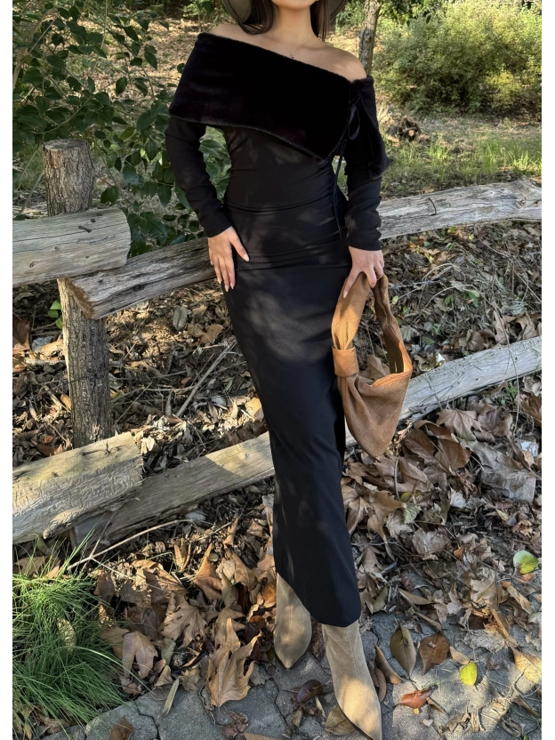 Siyah Kürk Detay Tasarım Madonna Elbise