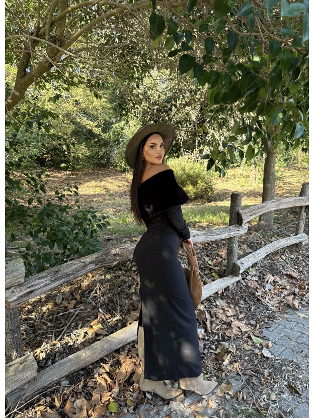 Siyah Kürk Detay Tasarım Madonna Elbise