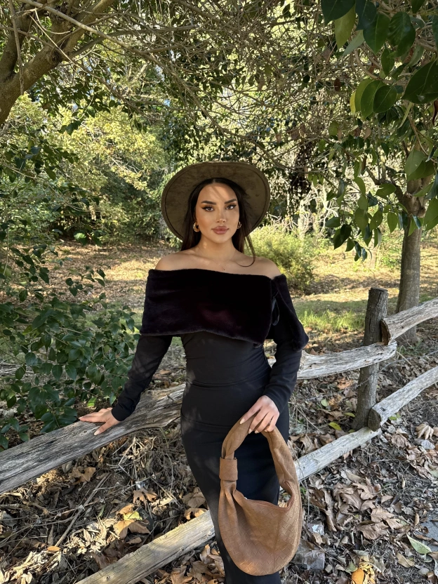 Siyah Kürk Detay Tasarım Madonna Elbise