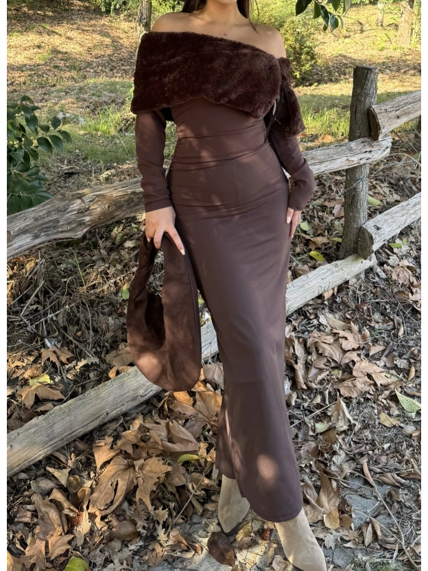 Kahverengi Kürk Detay Tasarım Madonna Elbise