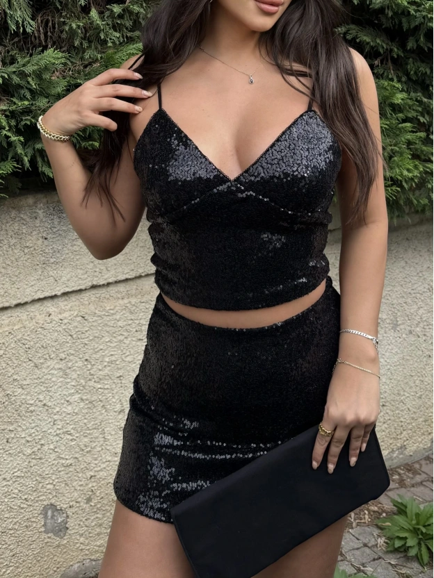 Siyah Askılı Payetli Etek Takım