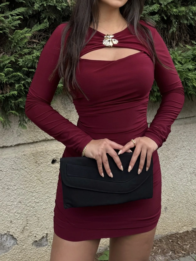 Bordo Göğüs Tokalı Mini Elbise