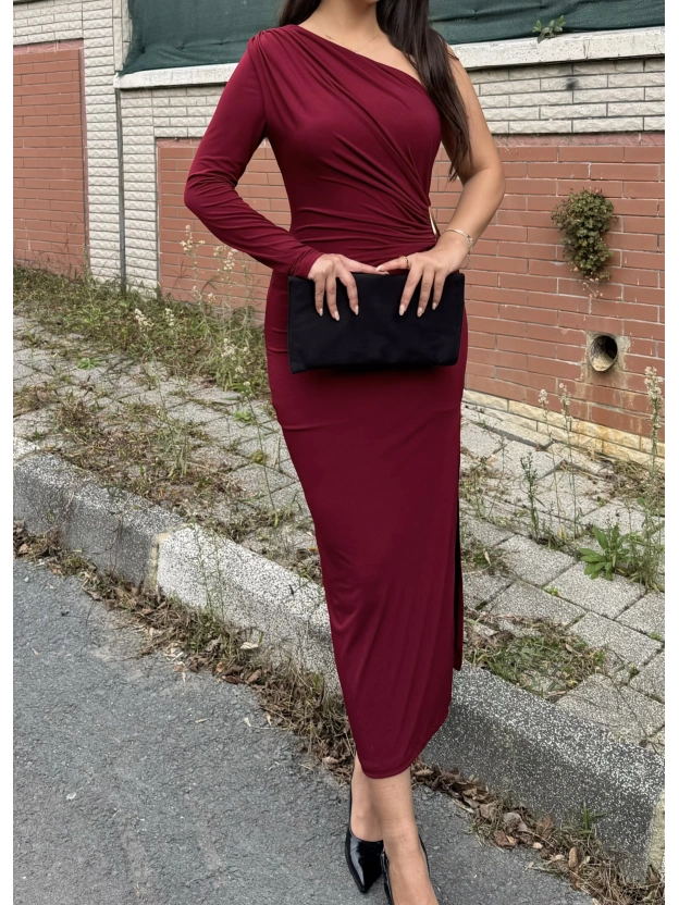 Bordo Tek Kol Tokalı Uzun Elbise