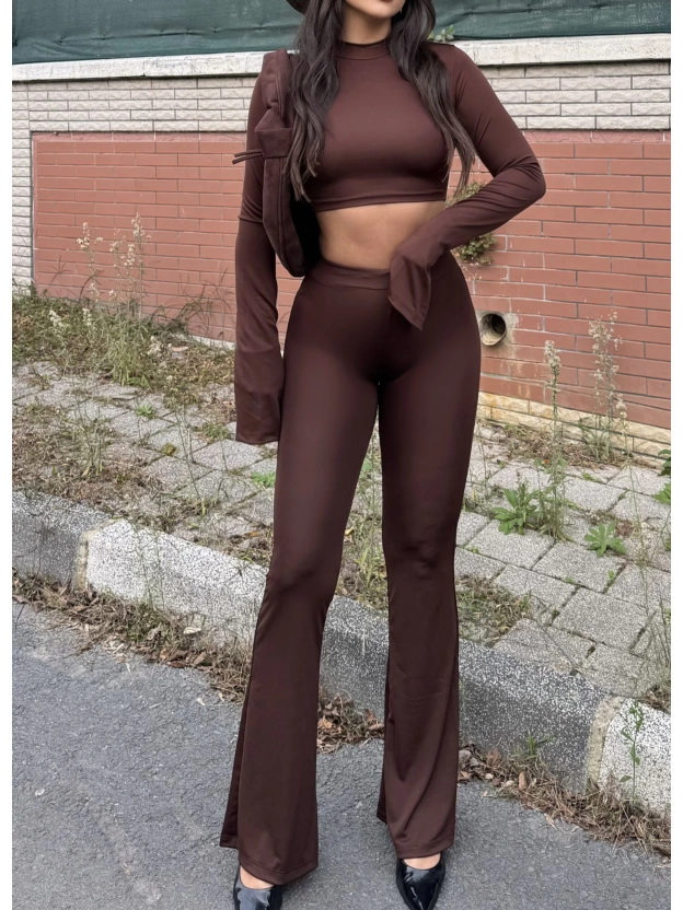 Kahverengi Balıkçı Yaka İspanyol Kol Crop Tayt Takım
