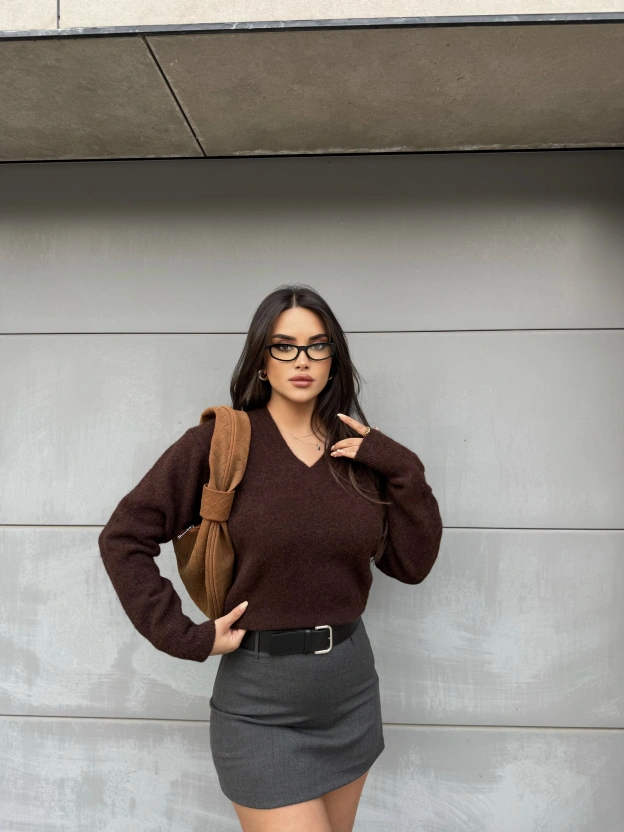 Kahverengi V Yaka Premium Kazak