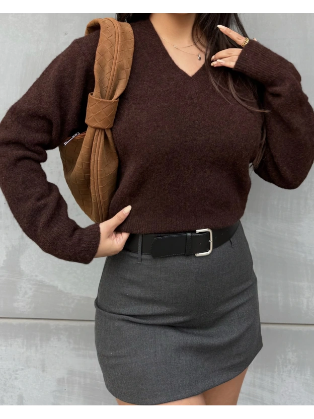 Kahverengi V Yaka Premium Kazak