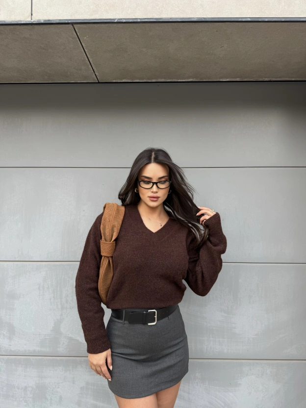 Kahverengi V Yaka Premium Kazak