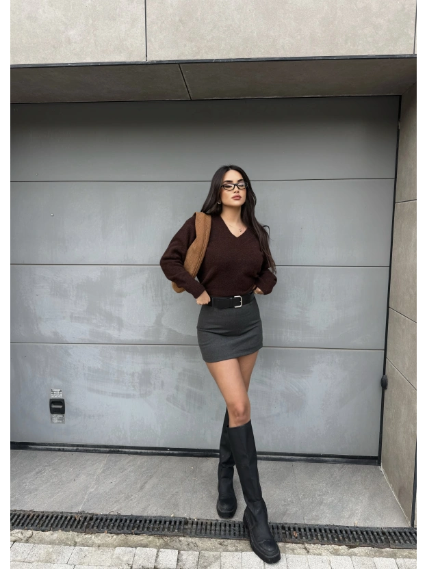 Antrasit Kemerli Premium Şort Etek