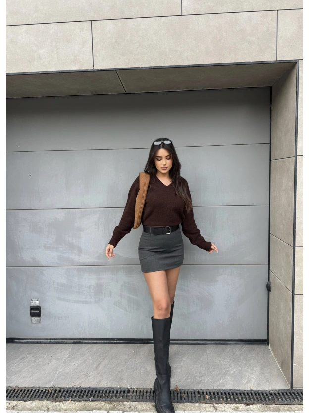 Antrasit Kemerli Premium Şort Etek