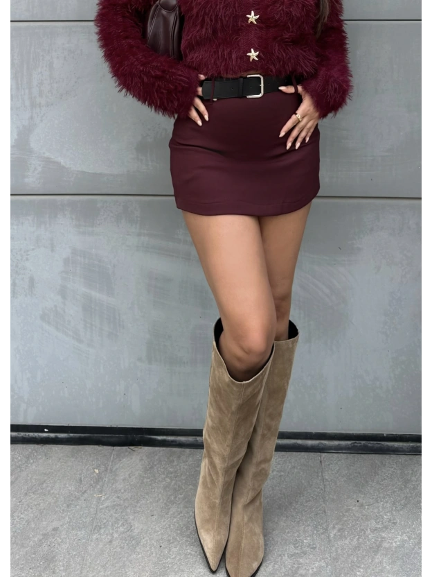 Bordo Kemerli Premium Şort Etek