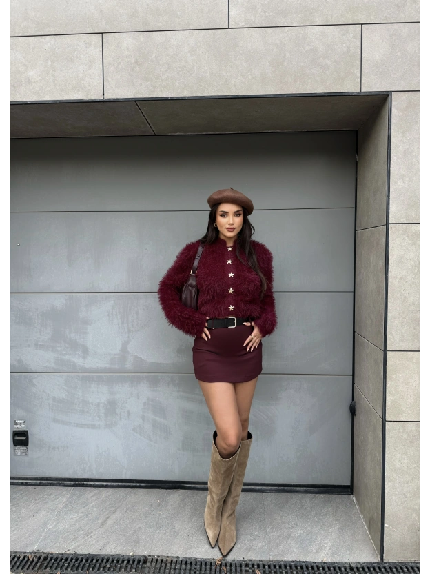 Bordo Kemerli Premium Şort Etek