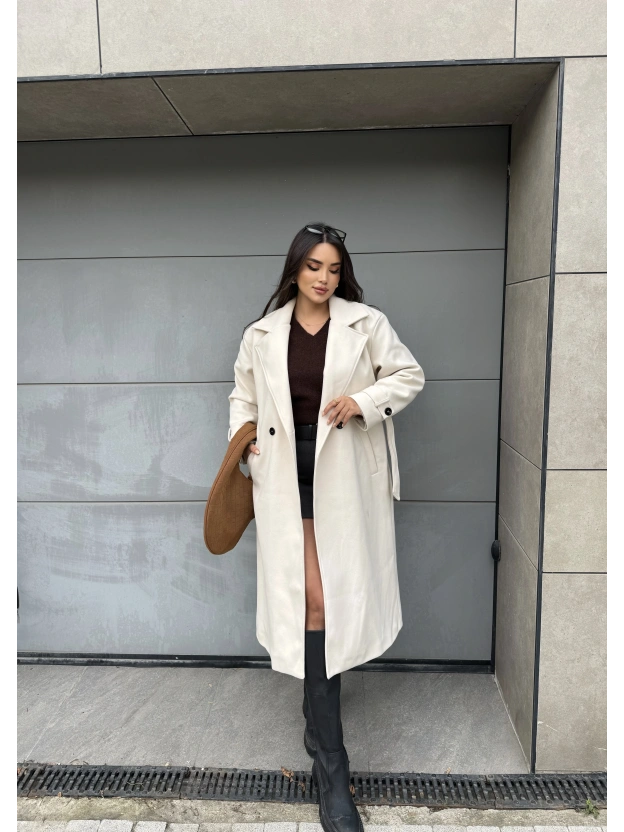 Krem Uzun Kuşaklı Kaşe Kaban