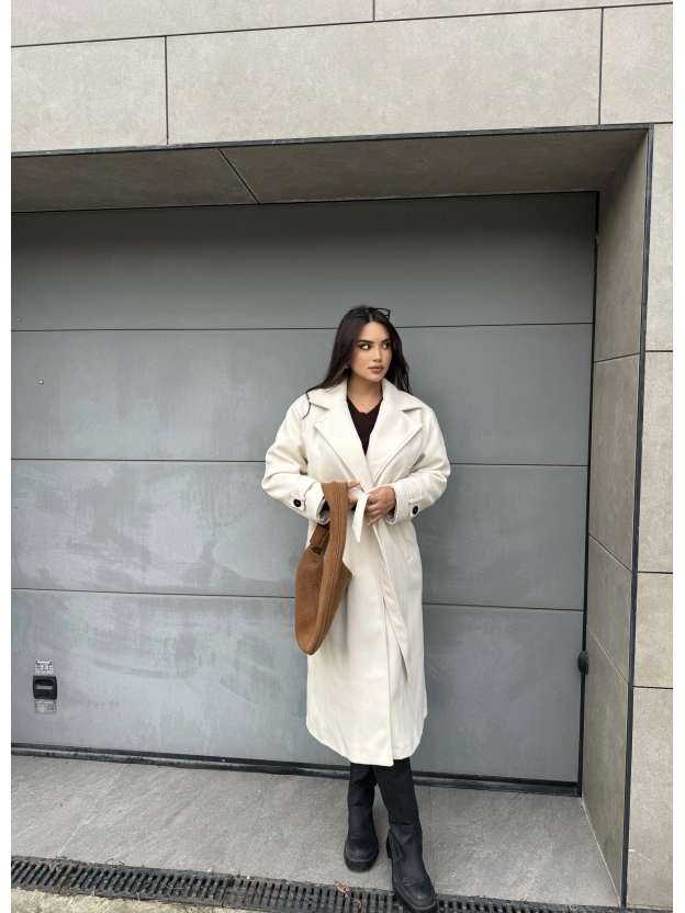 Krem Uzun Kuşaklı Kaşe Kaban