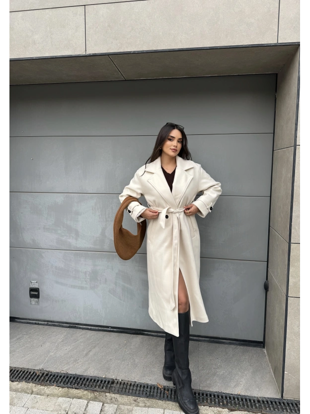 Krem Uzun Kuşaklı Kaşe Kaban