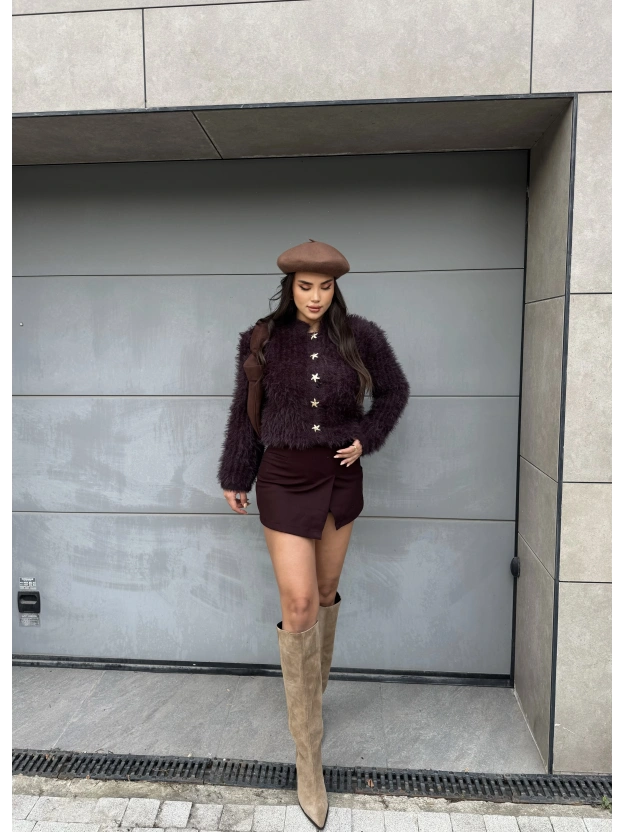 Bordo Yırtmaçlı Kemerli Şort Etek