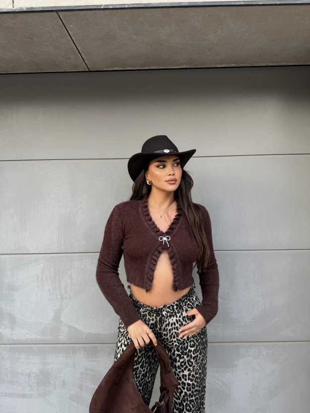 Kahverengi Fiyonk Aksesuarlı Triko Bluz