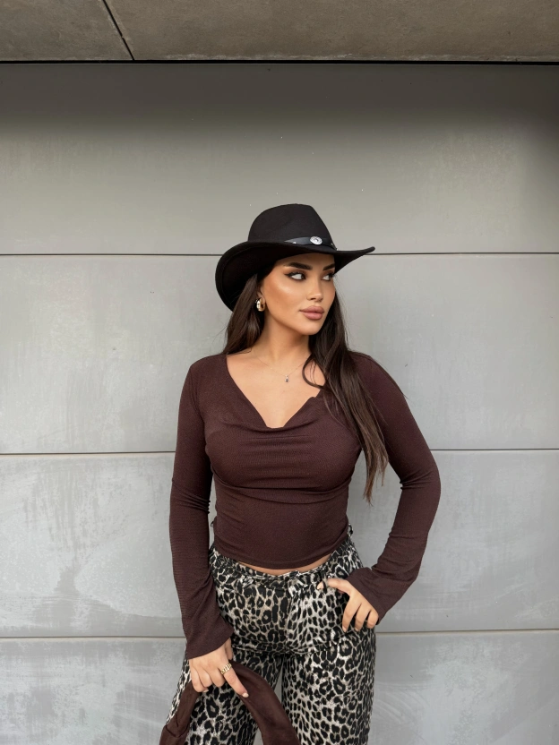 Kahverengi Buzzy Degaje Yaka Bluz