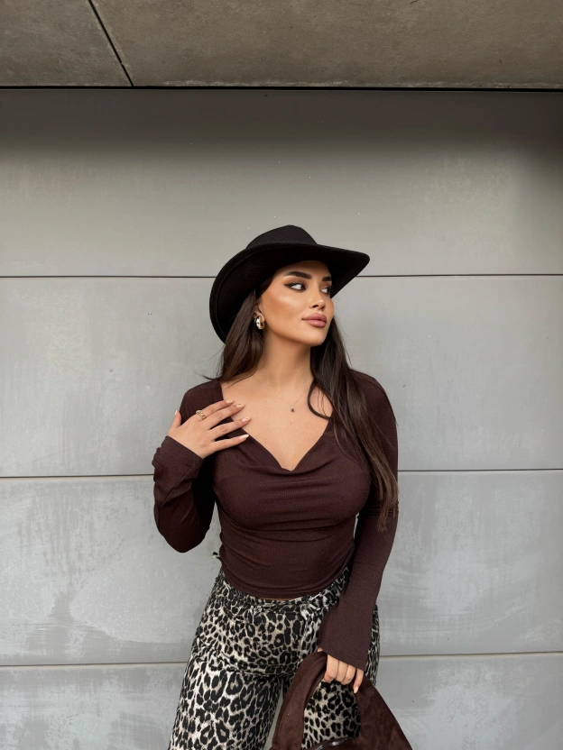 Kahverengi Buzzy Degaje Yaka Bluz