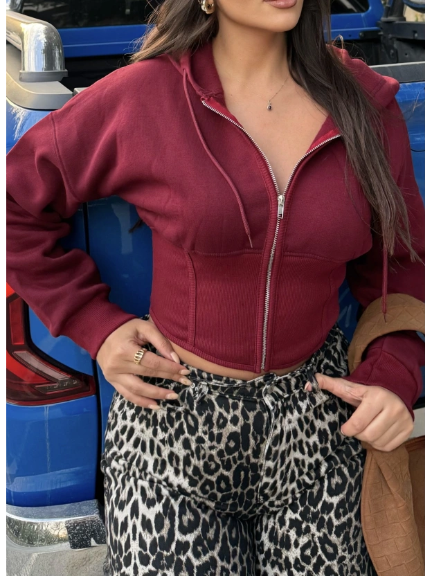 Bordo Korse Detay Crop Hırka