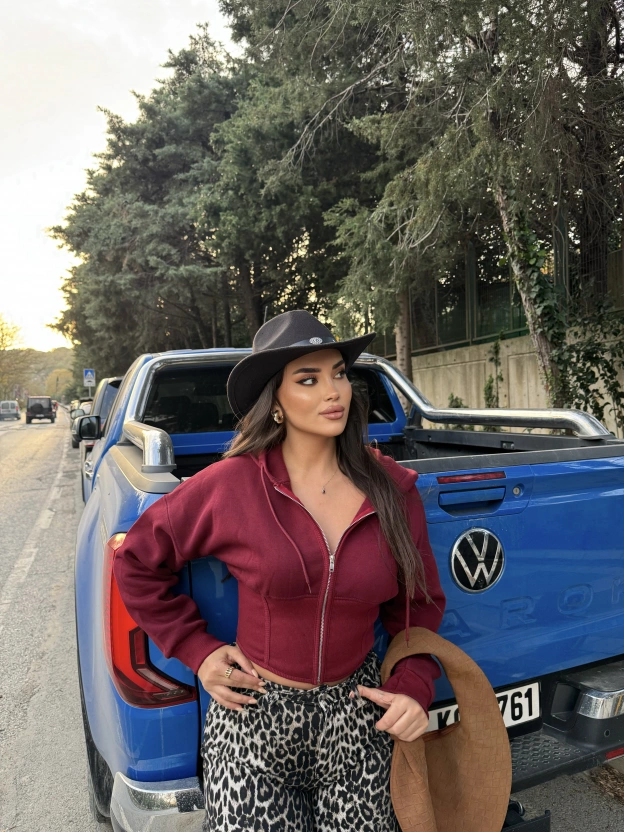 Bordo Korse Detay Crop Hırka