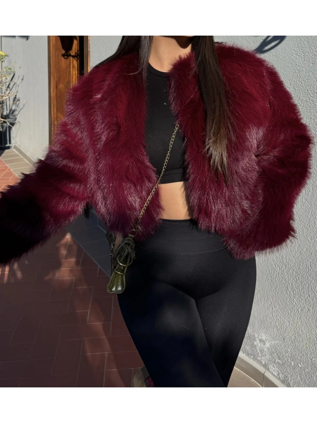Bordo Crop Kürk Ceket
