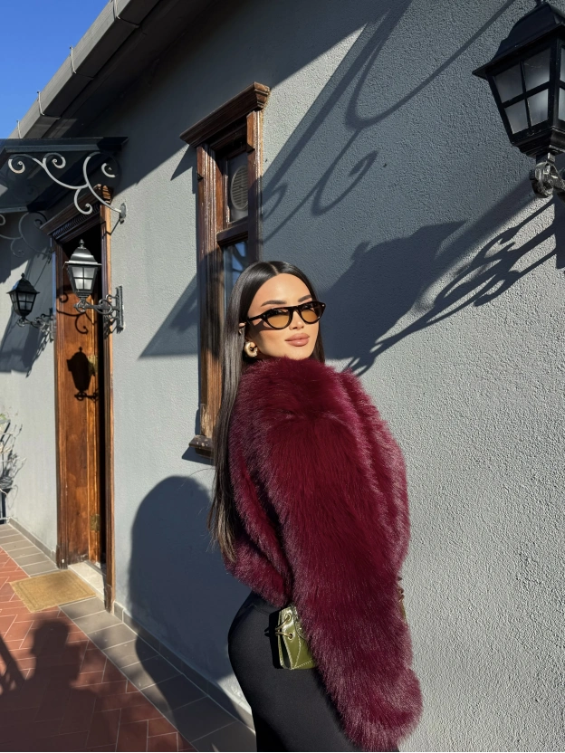 Bordo Crop Kürk Ceket