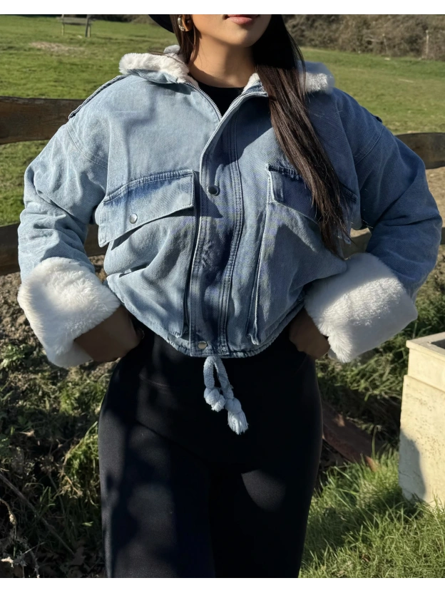 Mavi İçi Peluş Kot Mont