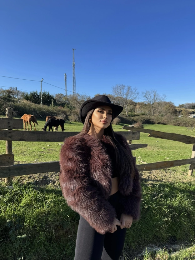 Kahverengi Crop Kürk Ceket