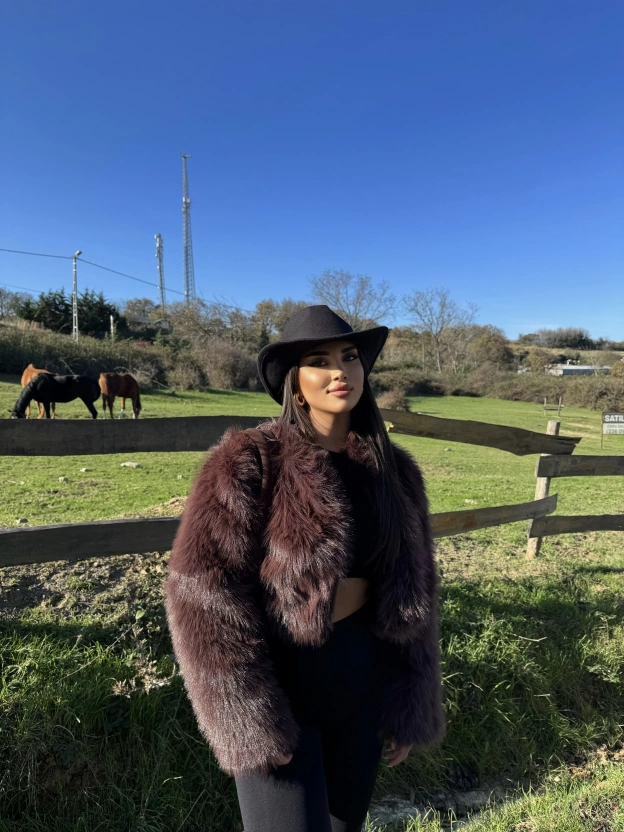 Kahverengi Crop Kürk Ceket