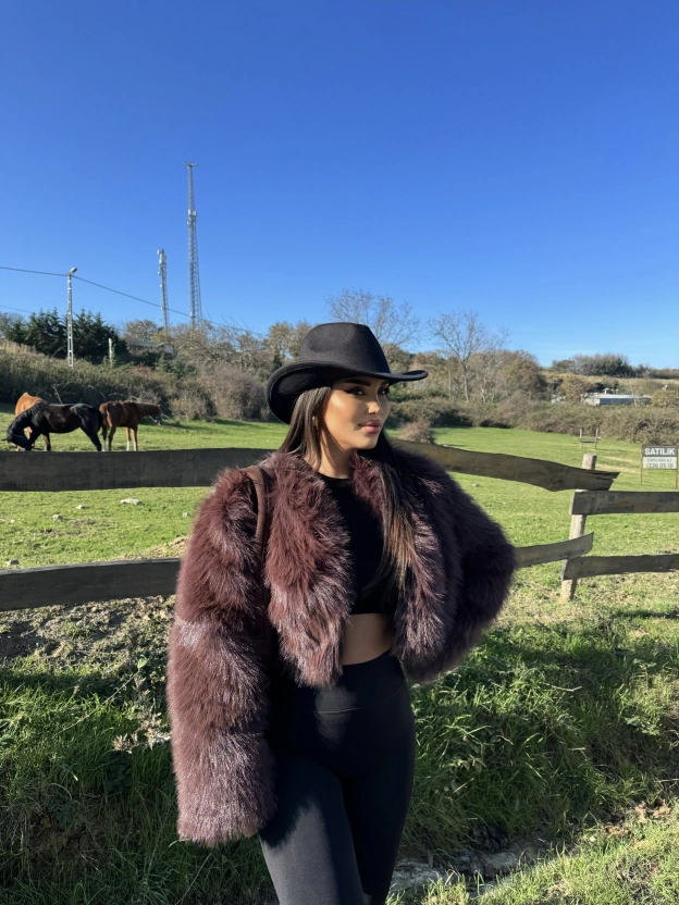 Kahverengi Crop Kürk Ceket