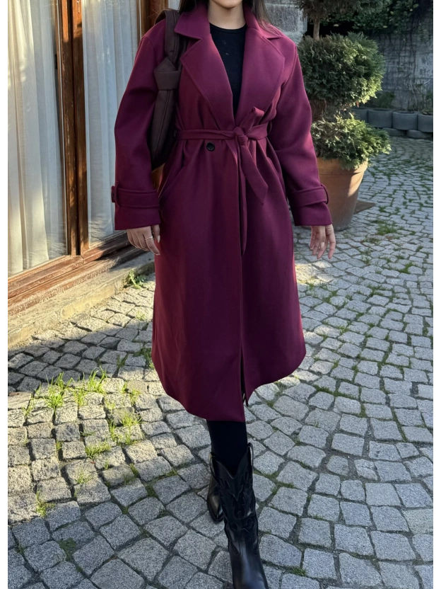 Bordo Uzun Kuşaklı Kaşe Kaban
