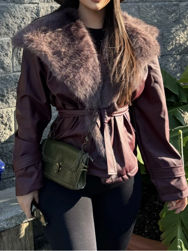 Bordo Kürklü Deri Premium Ceket