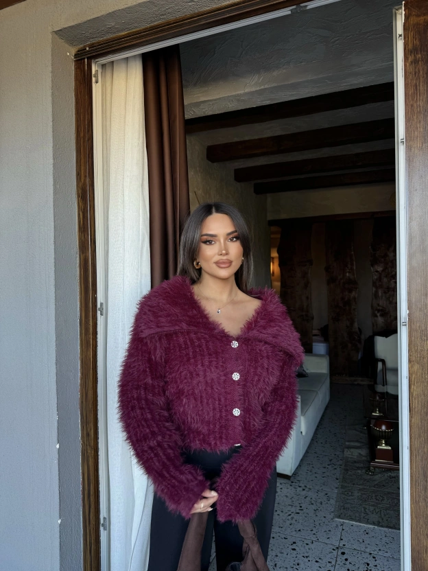 Bordo Polo Yaka Taşlı Yumoş Kazak