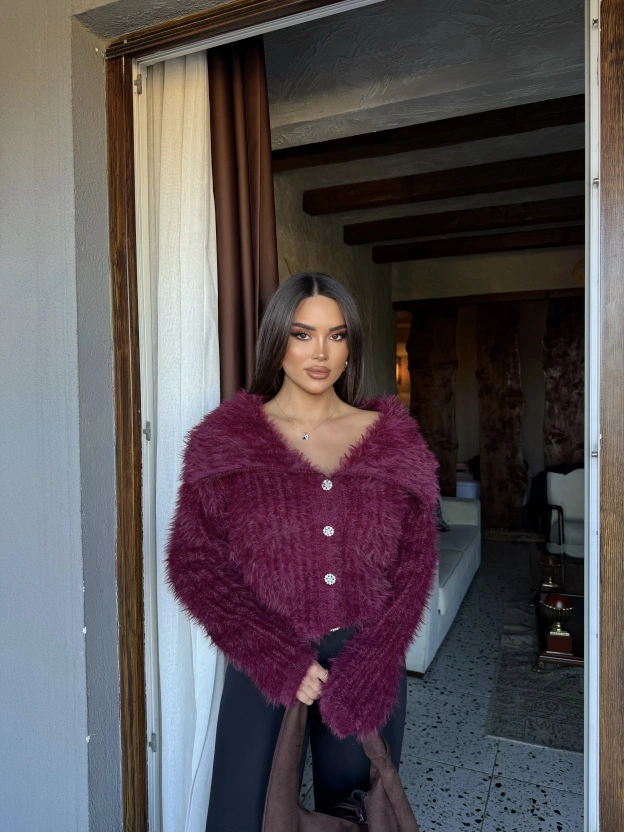 Bordo Polo Yaka Taşlı Yumoş Kazak