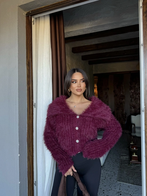 Bordo Polo Yaka Taşlı Yumoş Kazak