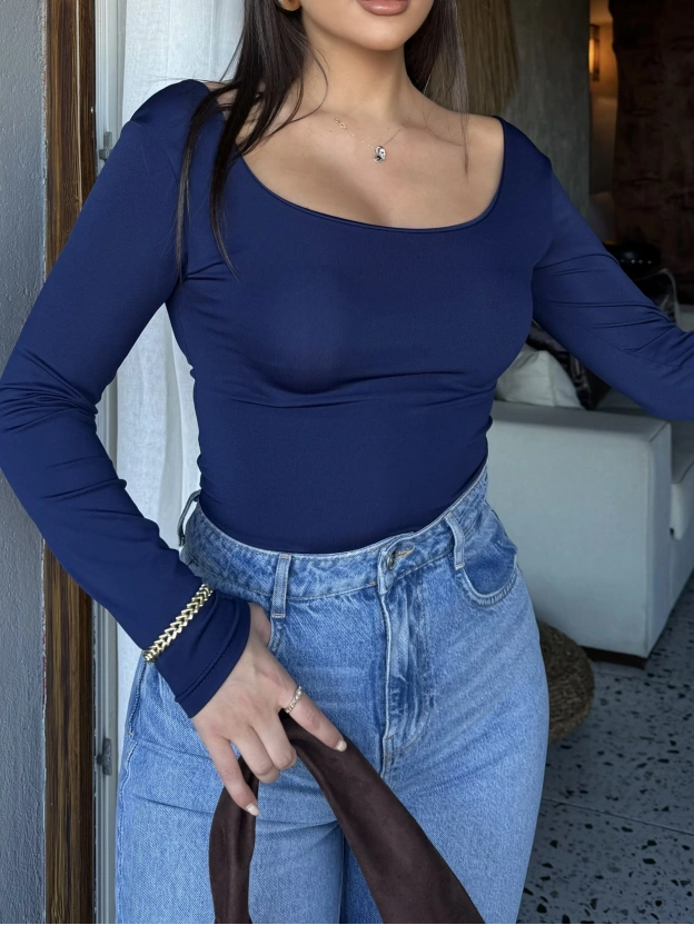 Lacivert Kare Yaka Bodysuit