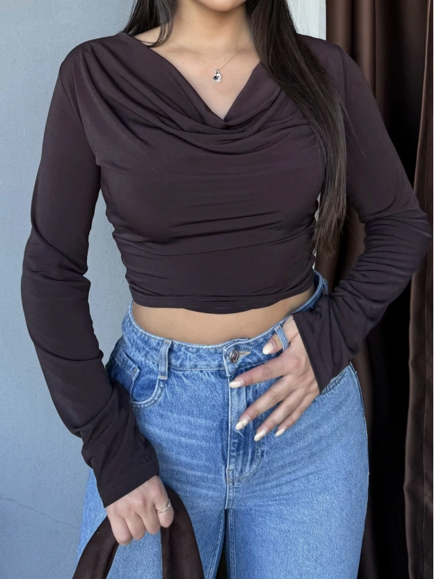 Kahverengi Degaje Yaka Bluz