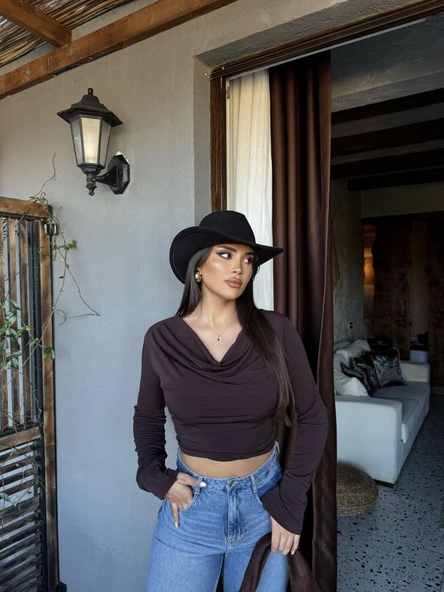 Kahverengi Degaje Yaka Bluz