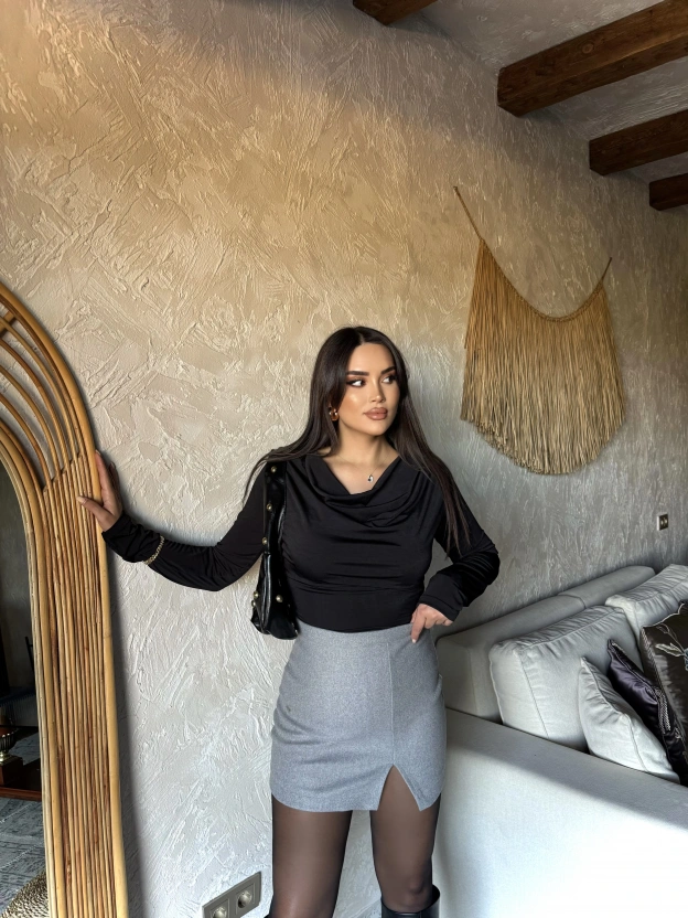 Gri Yırtmaçlı Kaşe Etek