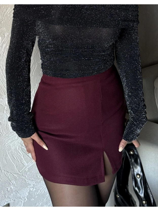 Bordo Yırtmaçlı Kaşe Etek