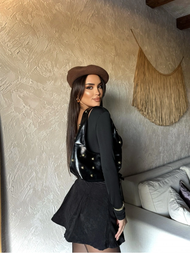 Siyah Kadife Çift Kemer Şort Etek