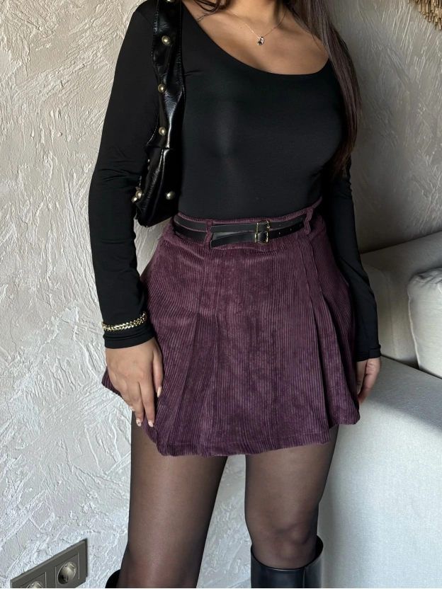 Bordo Kadife Çift Kemer Şort Etek