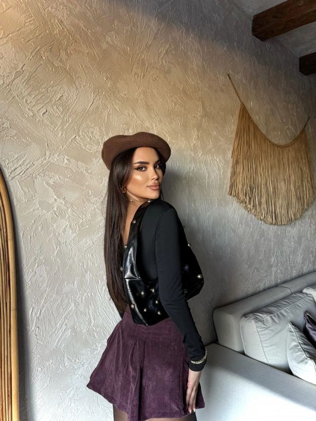 Bordo Kadife Çift Kemer Şort Etek