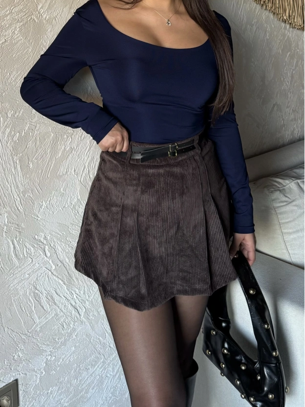 Kahverengi Kadife Çift Kemer Şort Etek