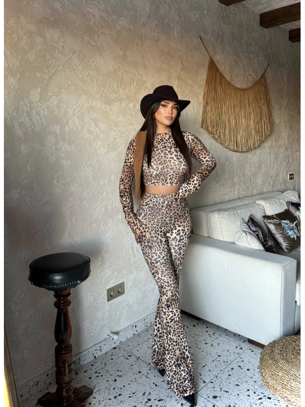 Leopar Balıkçı Yaka İspanyol Kol Crop Tayt Takım