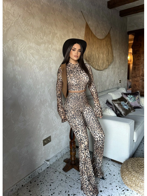 Leopar Balıkçı Yaka İspanyol Kol Crop Tayt Takım